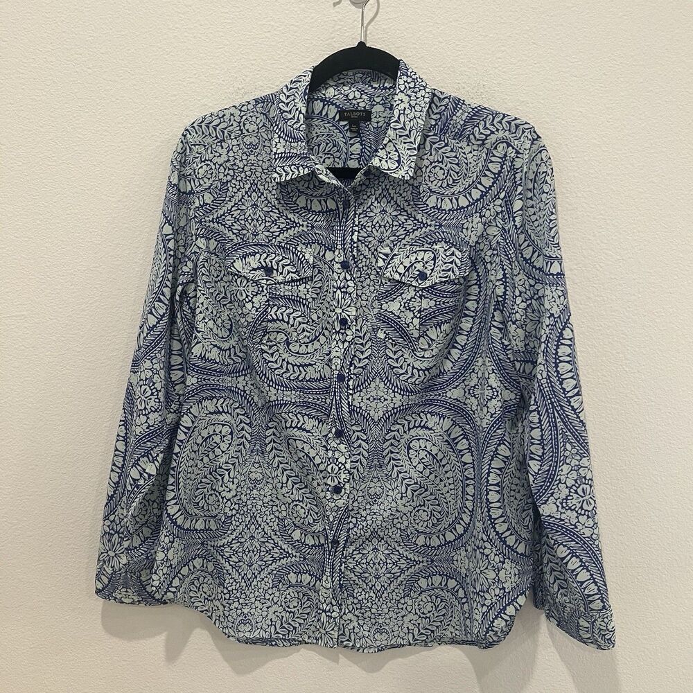 Talbots Blue Paisley Button Up Blouse Size L Petite Roll Tab Sleeve